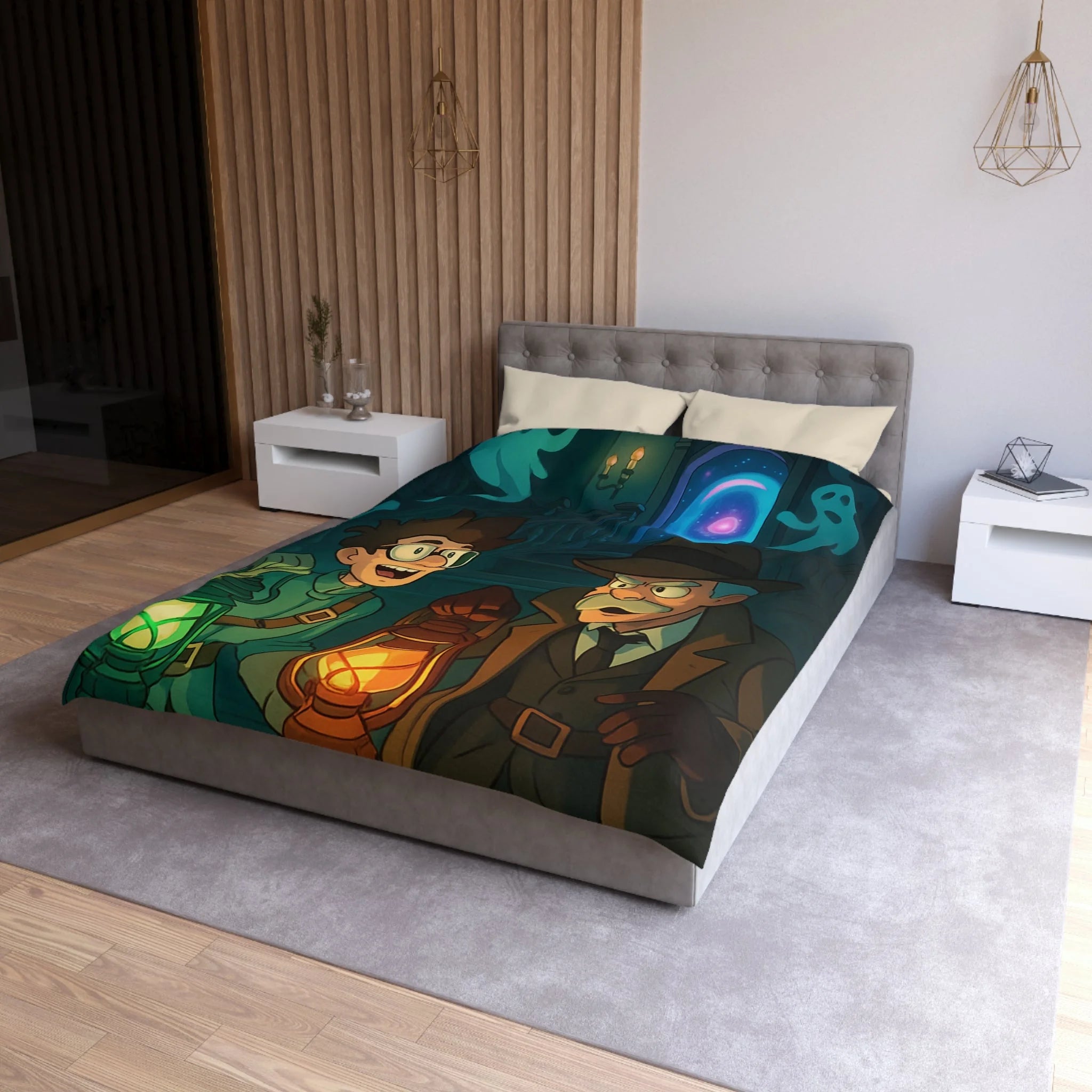 Housse de couette mystère avec lanternes, enquêteurs, fantômes et portail mystérieux