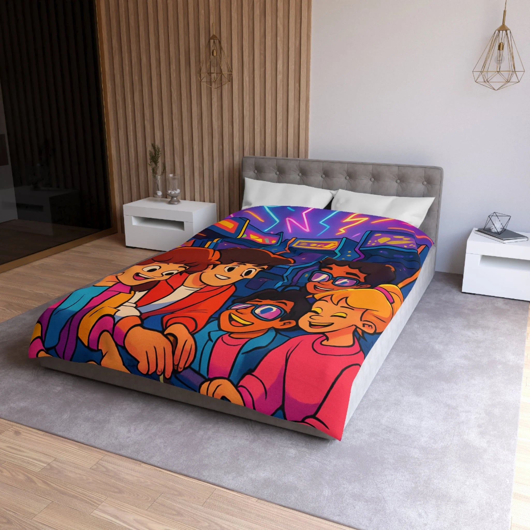 Housse de couette vibrante années 80 avec motifs arcades et ambiance rétro lumineuse