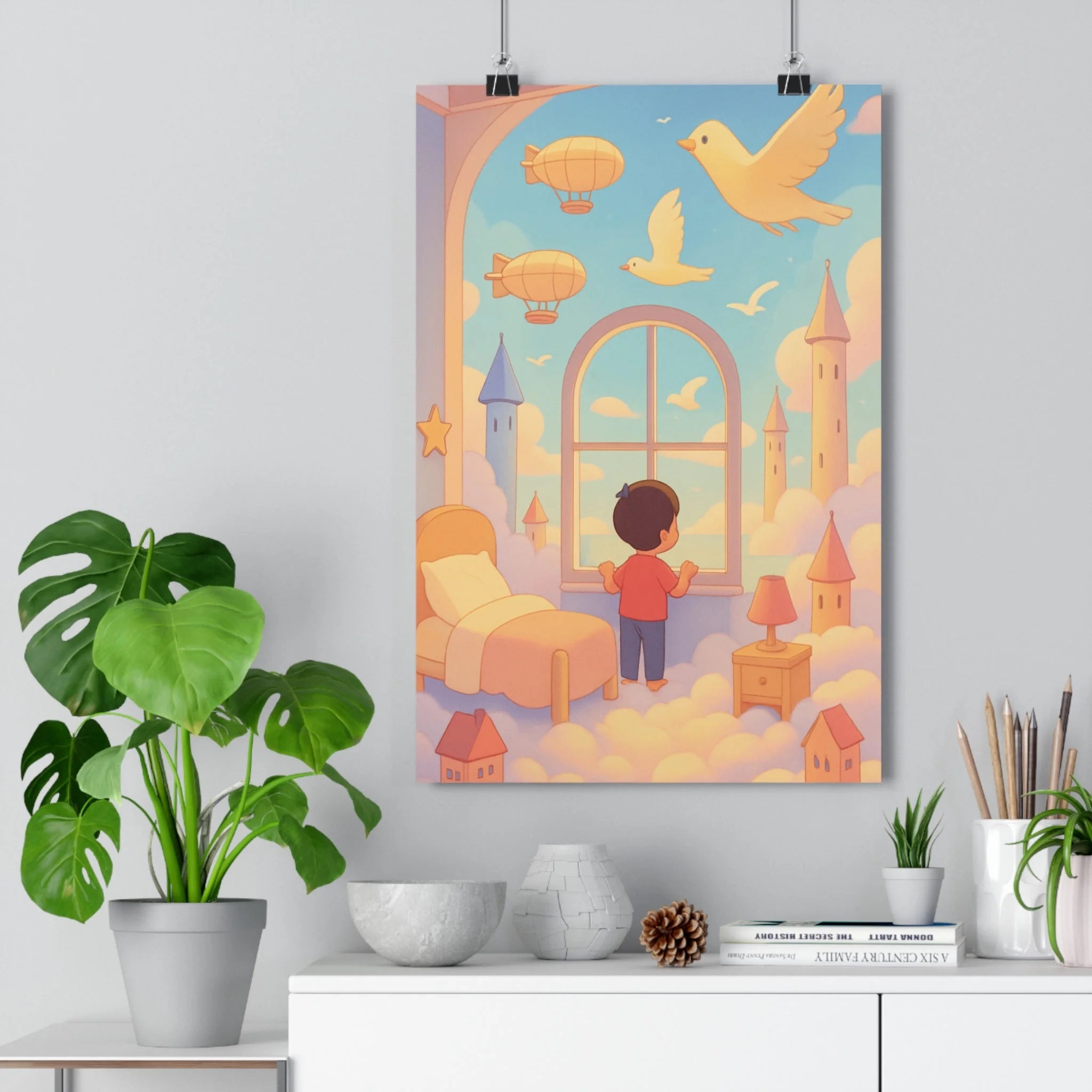 Poster décoratif bleu pastel fantastique magique chambre enfant ciel nuages oiseaux dirigeables rêveur mural