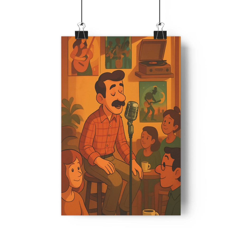 Poster décoratif vintage cartoon brun orange chaleureux salon musique café ambiance rétro microphone qualité