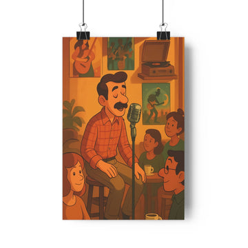 Poster homme microphone auditeurs posters musique danse ambiance chaleureuse cartoon intérieur couleurs marron vert beige conviviale cabaret salon café