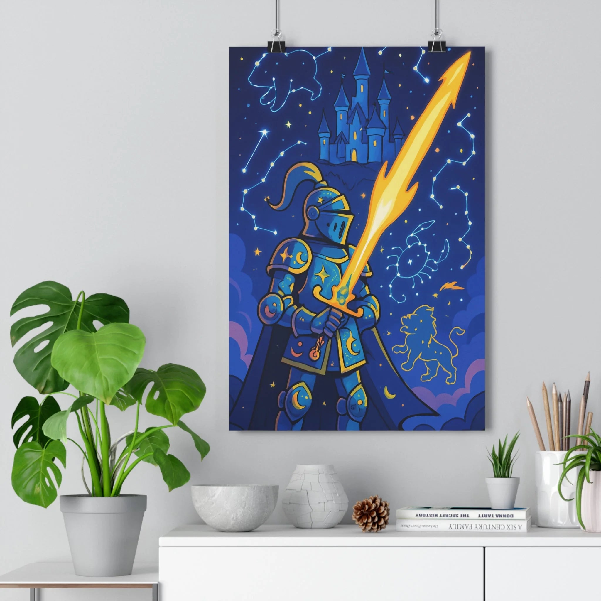 Poster décoratif chevalier médiéval épée lumineux bleu or mystique chambre bureau 30x46 fantastique enchanté