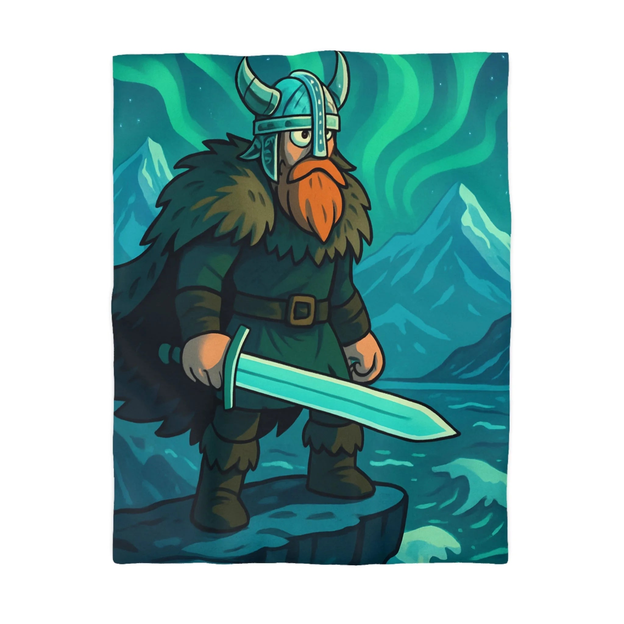 Housse de couette viking avec aurore boréale, montagnes majestueuses et guerrier barbu