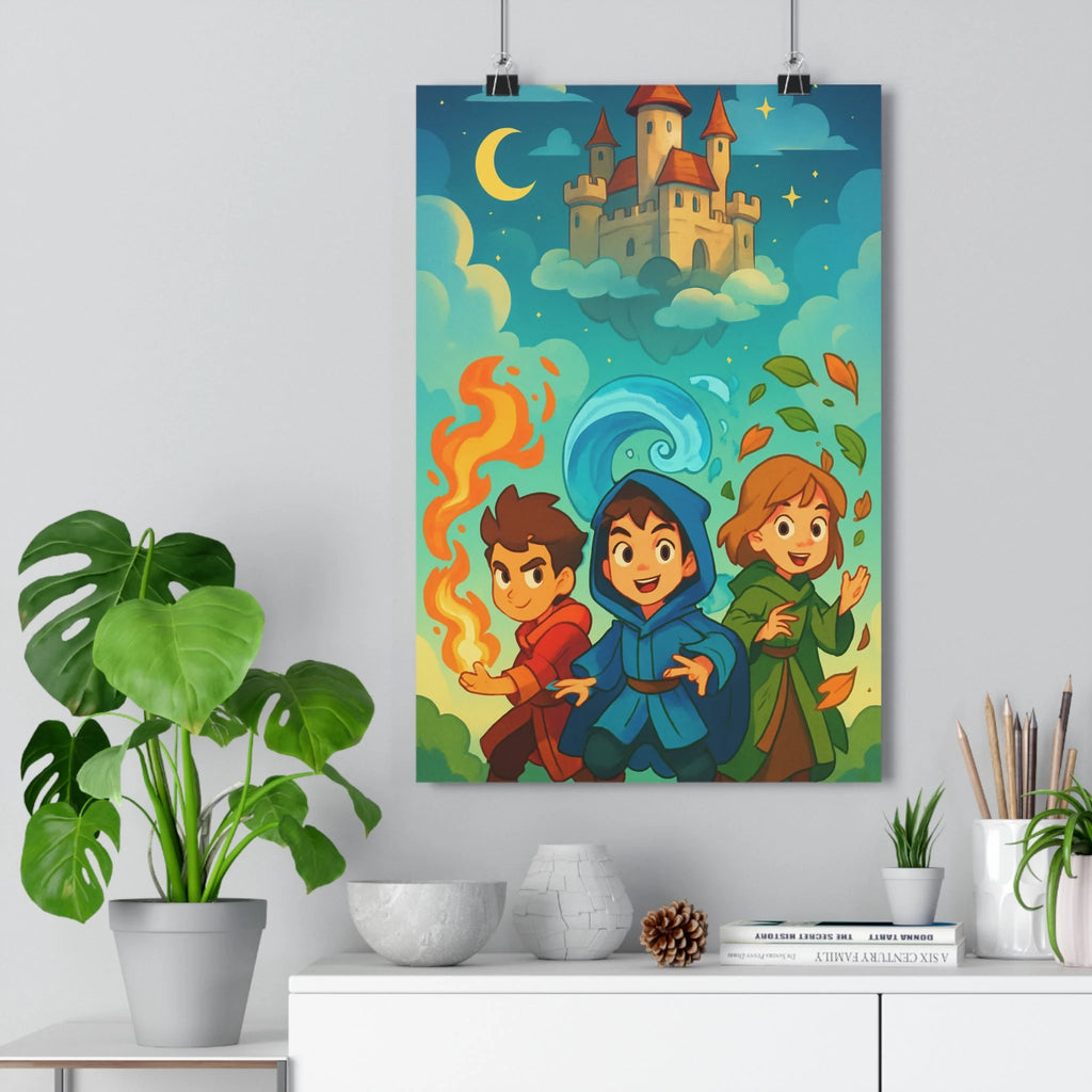 Poster décoratif magique dessin animé rouge bleu vert chambre enfant enchanté mystique céleste ambiance