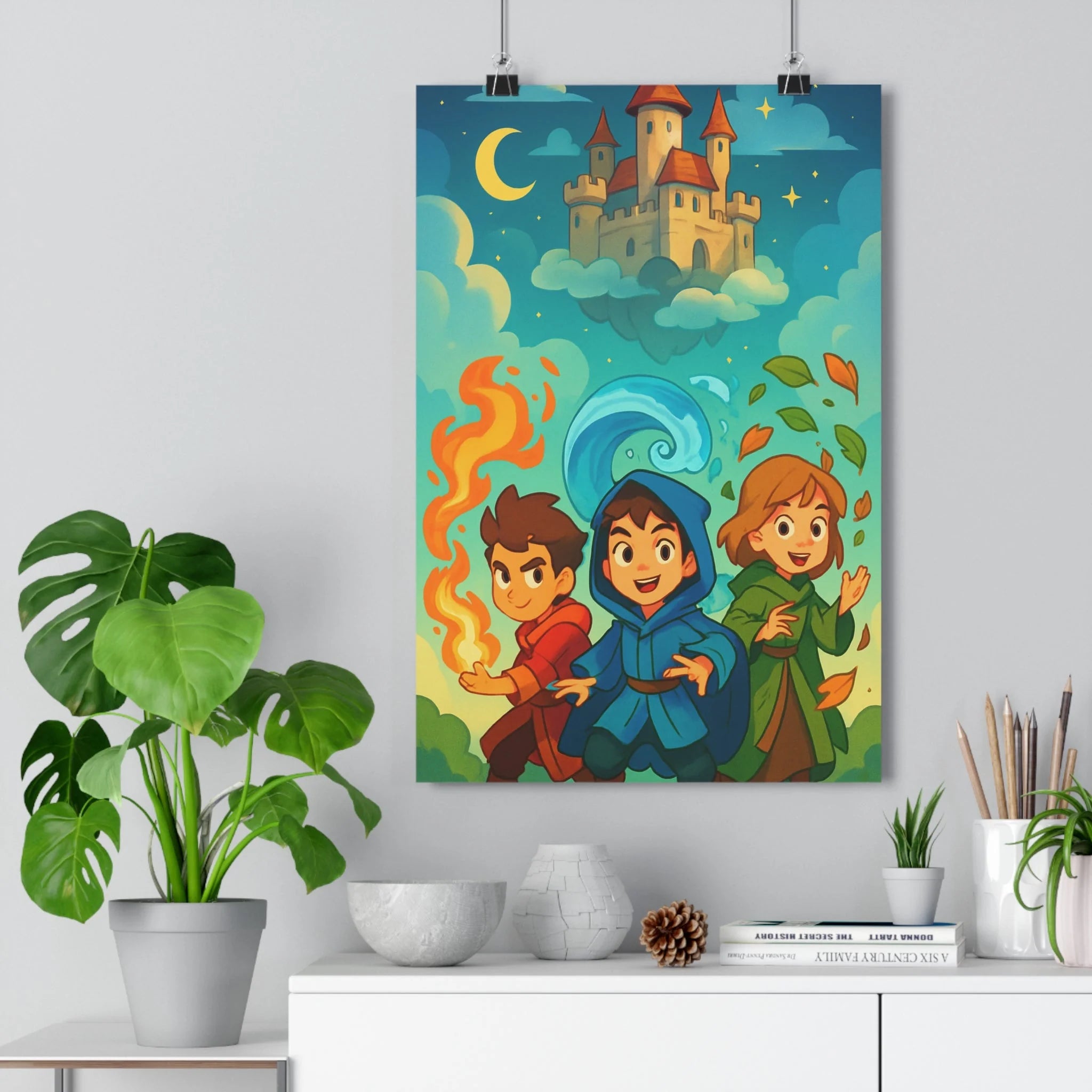Poster décoratif magique dessin animé rouge bleu vert chambre enfant enchanté mystique céleste ambiance