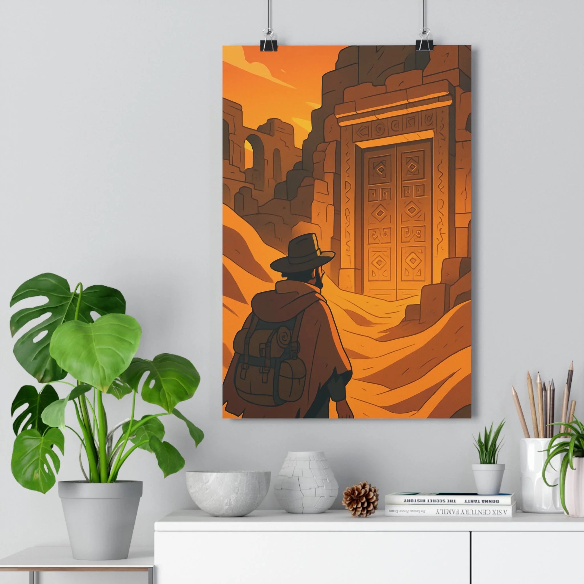 Poster décoratif aventure désert orange mystique explorateur bureau salon mystérieux géométrique captivant 30x46 ambiance