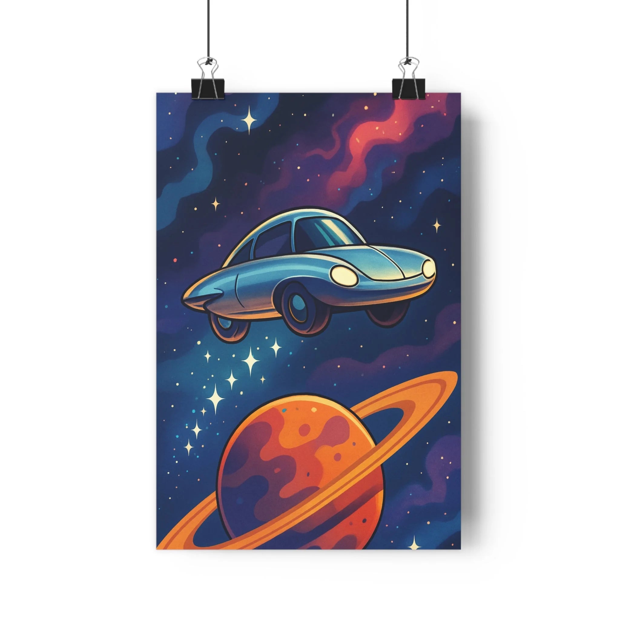 Poster décoratif coloré animé bleu orange chambre enfant espace fantaisie étoiles voiture planète aventure
