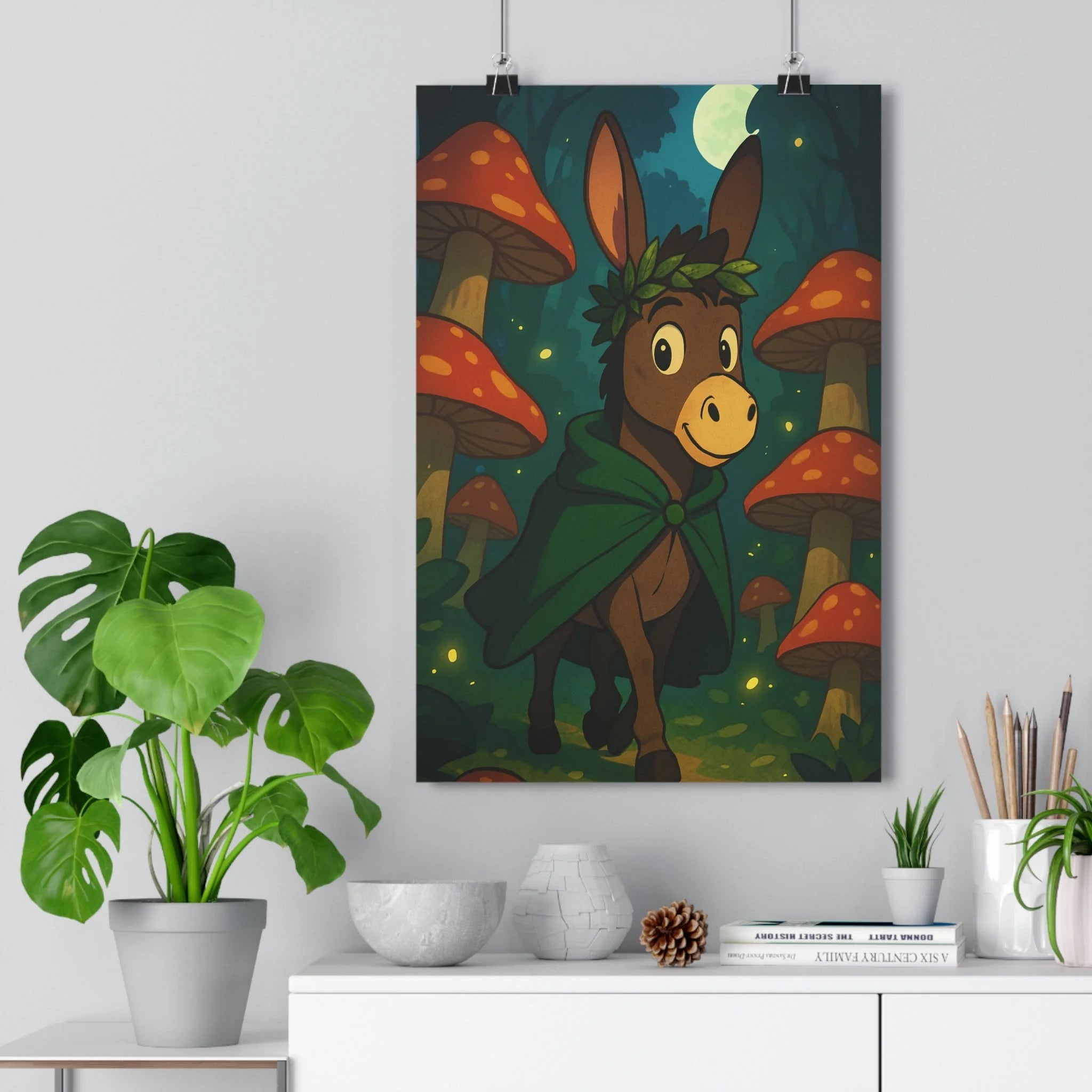 Poster décoratif âne forêt enchantée coloré magique féerique chambre enfant art nature ambiance champignons