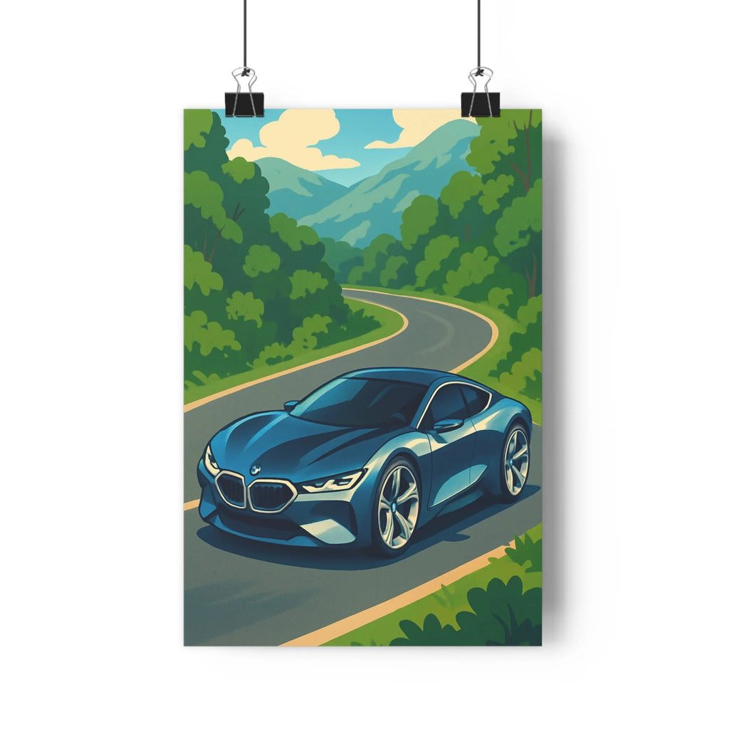 Poster décoratif voiture bleue cartoon dynamique salon bureau moderne élégant vibrant nature 30x46 montagnes