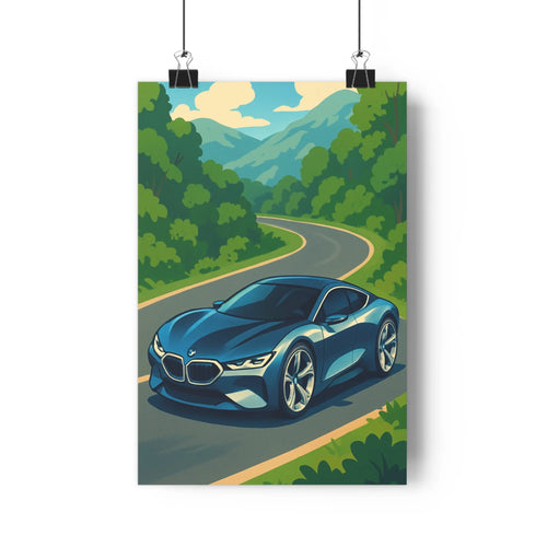 Poster voiture bleue route sinueuse foret verte ciel bleu nuages blancs montagnes vertes détails métalliques style moderne minimaliste lignes nettes