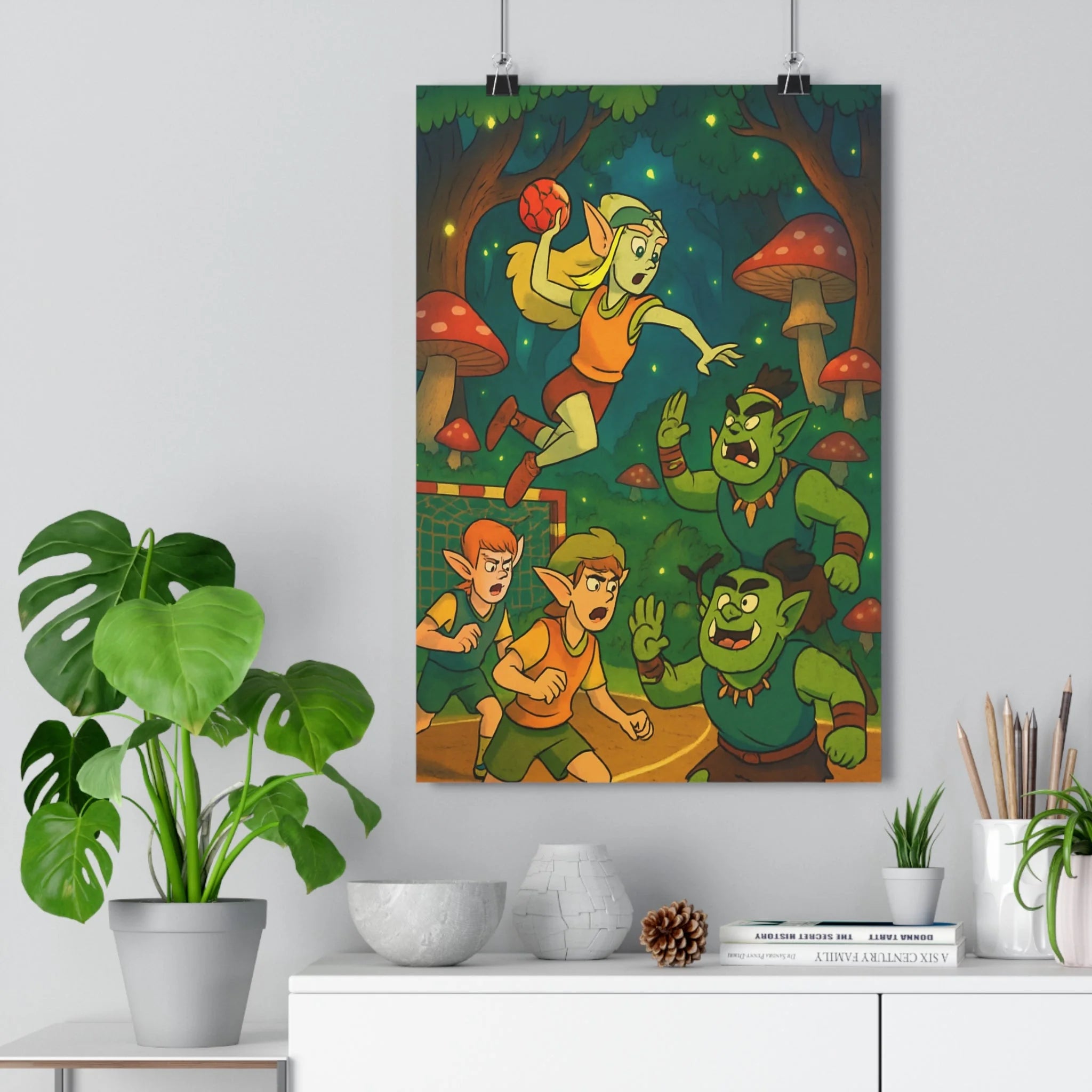 Poster décoratif cartoon fantasy handball elfes créatures fantastiques magique aventure chambre salon féerique qualité