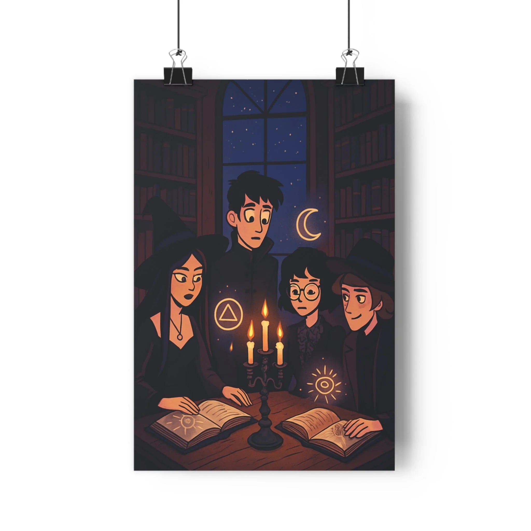 Poster décoratif anime mystérieux sombre chaleureux chambre bibliothèque lecture bougies fantaisie 30x46 ambiance tableau