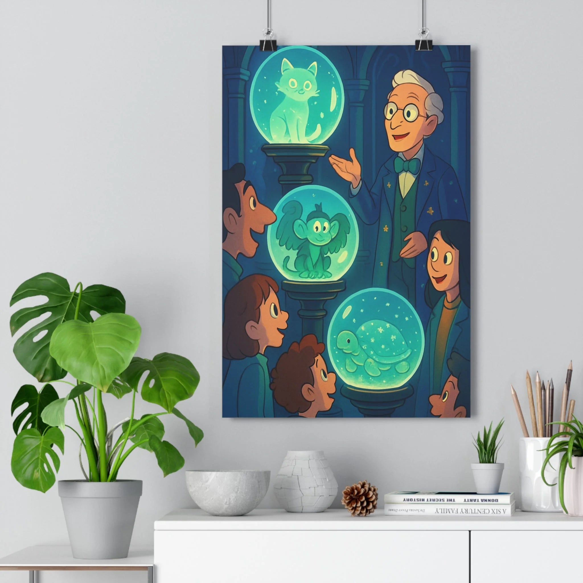 Poster décoratif cartoon fantastique bleu vert chambre enfant créature magique mystique lumineux captivant ambiance