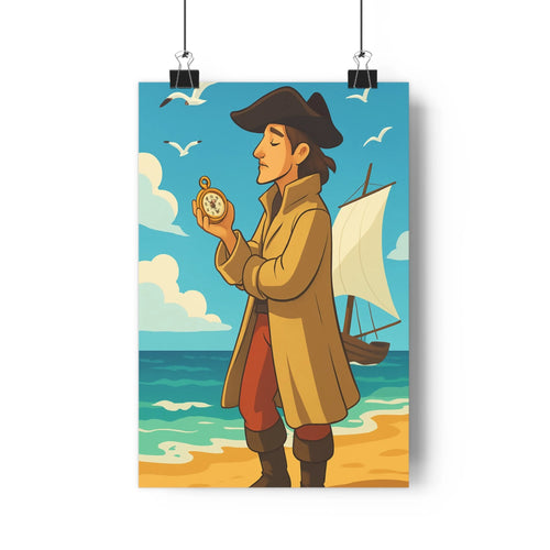 Poster marin plage océan nuages bateau voile oiseaux bleu beige exploration navigation cartoon calme salon chambre rêve