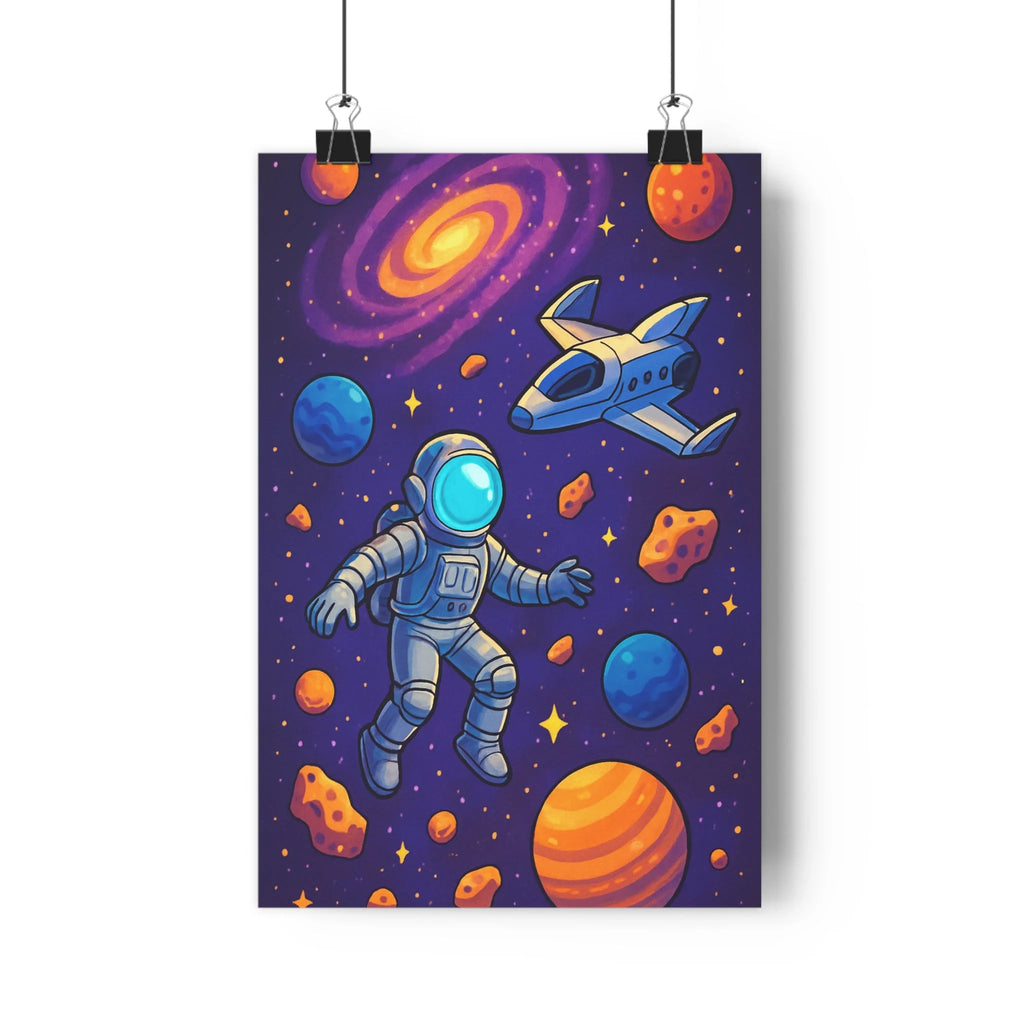 Poster décoratif cartoon astronaute espace bleu orange violet aventure chambre salon mystère vibrant qualité