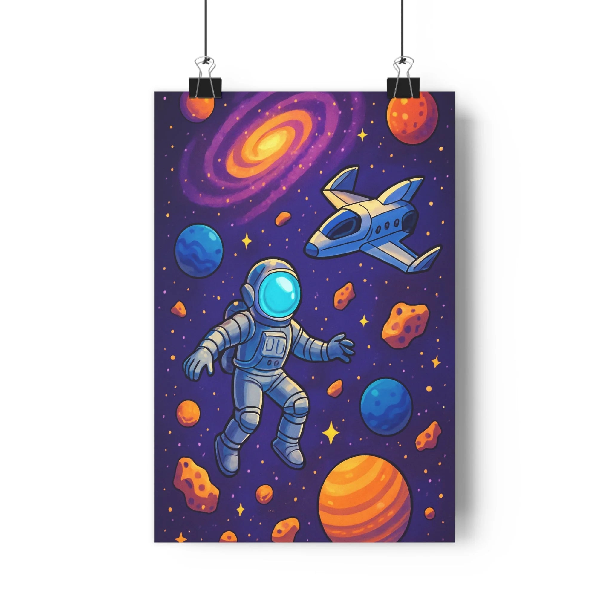 Poster décoratif cartoon astronaute espace bleu orange violet aventure chambre salon mystère vibrant qualité