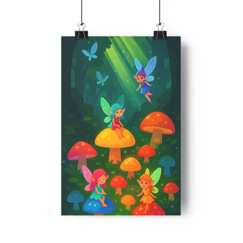 Poster enchantée fées champignons forêt lumineuse ailes colorées contours simples ambiance joyeuse style cartoon détails doux ombres mélancoliques chambre salon