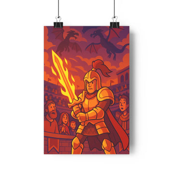 Poster épique guerrier armure dorée épée flamboyante dragons ciel rouge noir profondeur moderne coloré intense aventure chambre