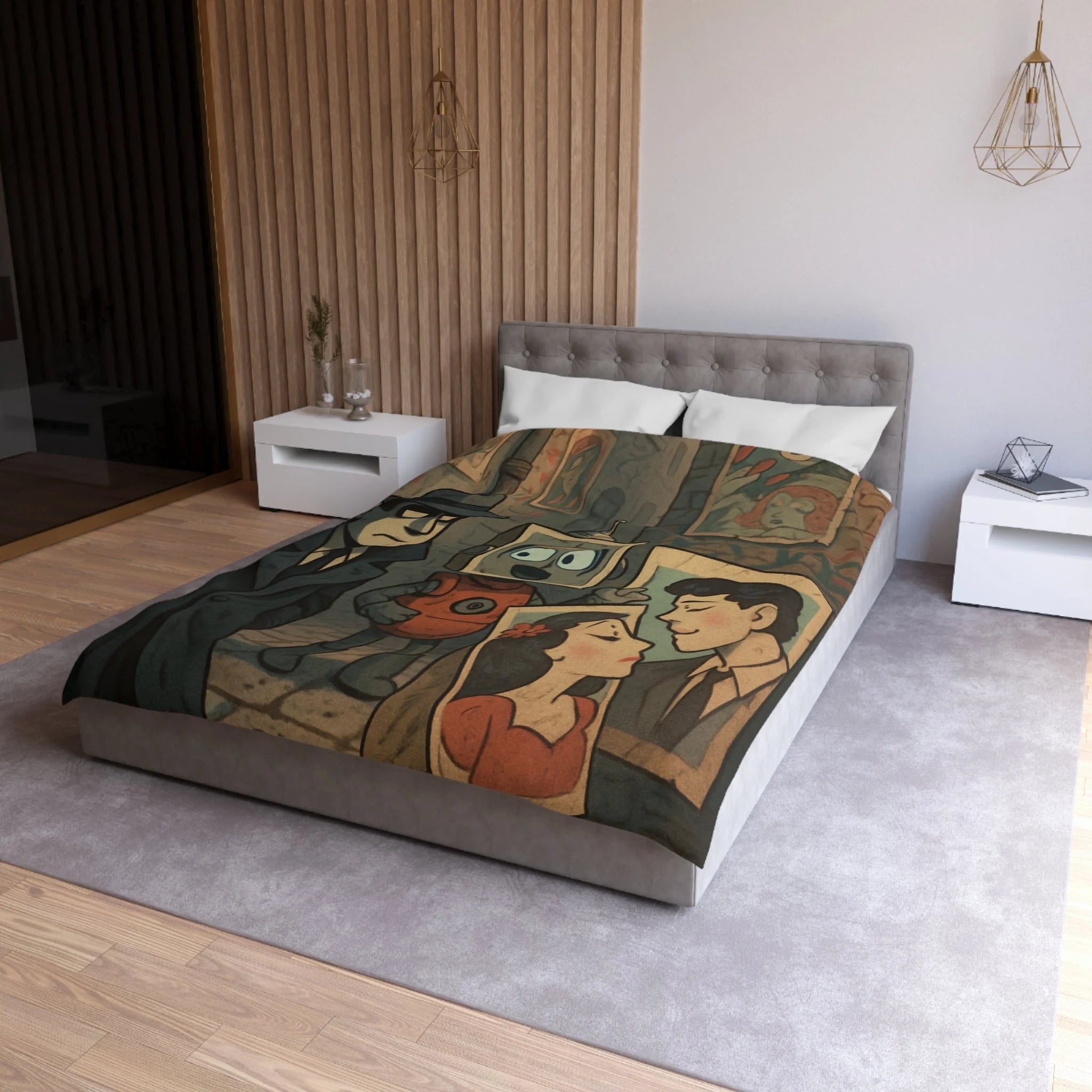 Housse de couette rétro robot vintage, style pop art, ambiance urbaine et romantique