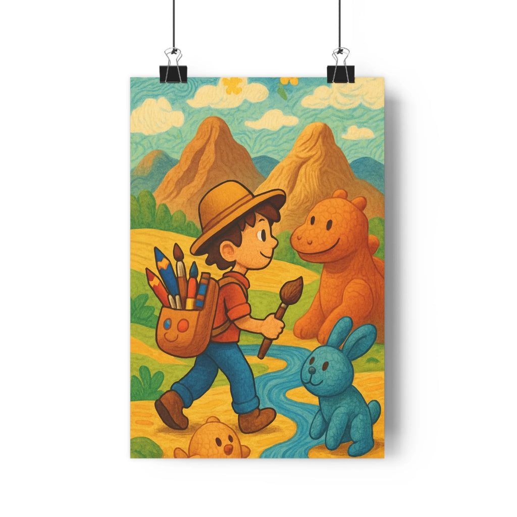 Poster décoratif aventure bleu joyeux cartoon salon chambre enfant explorateur paysage créature dynamique coloré