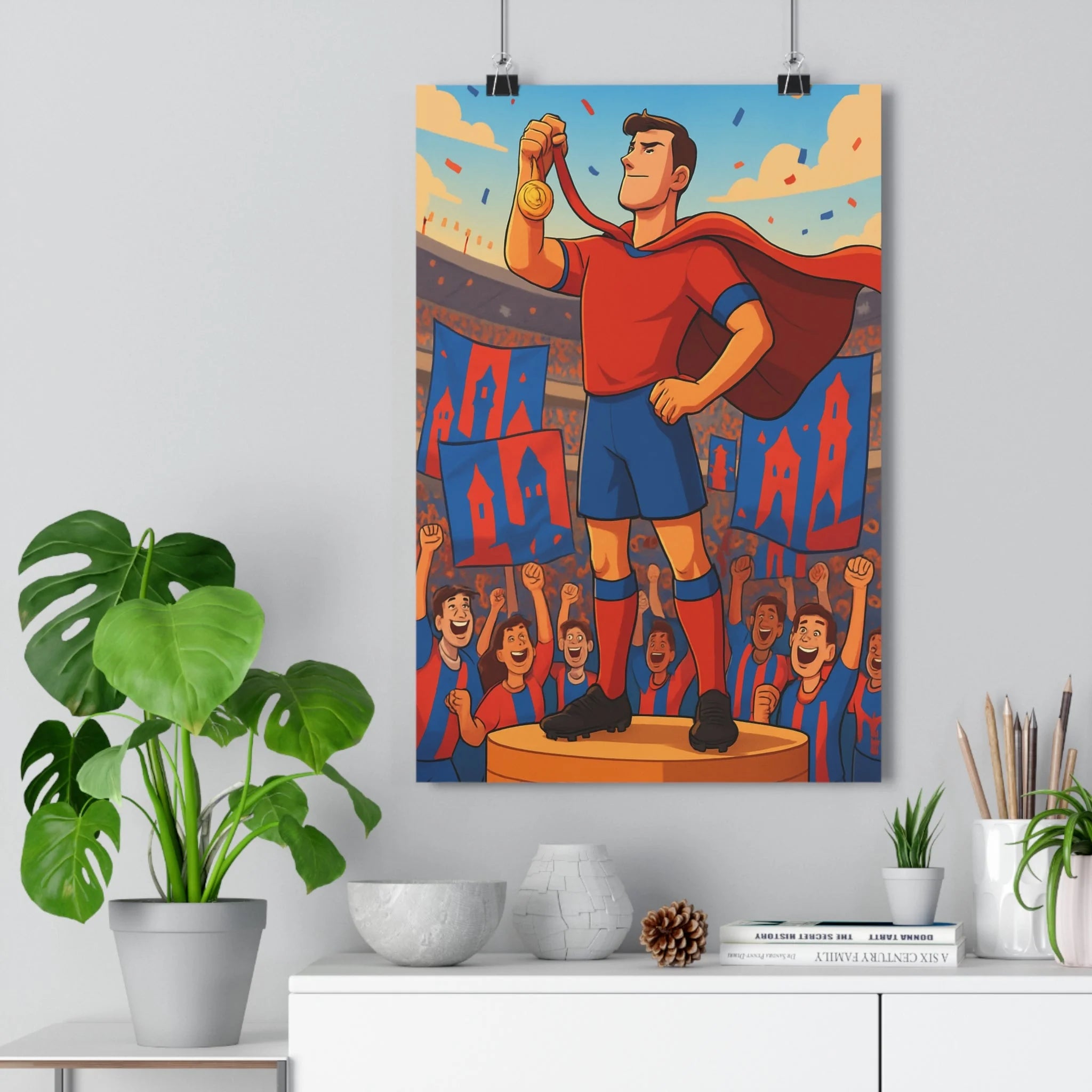Poster décoratif cartoon rouge bleu épique triomphant chambre enfant sport dynamique vibrant héroïque qualité