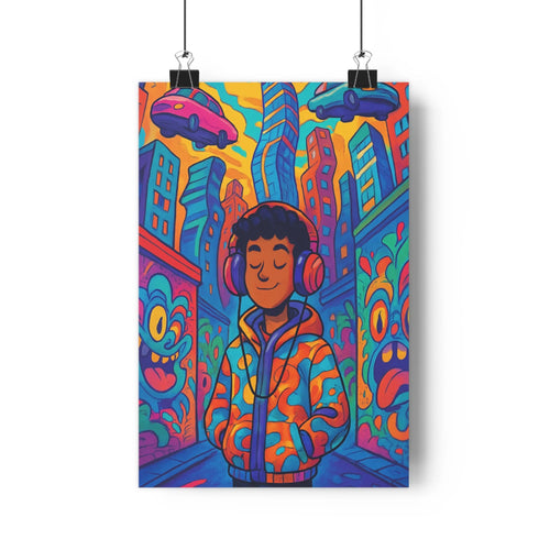 Poster urbain vibrant personnages écouteurs ville colorée bâtiments stylisés voitures flottantes motifs floraux contours nets couleurs bleues oranges jaunes ambiance