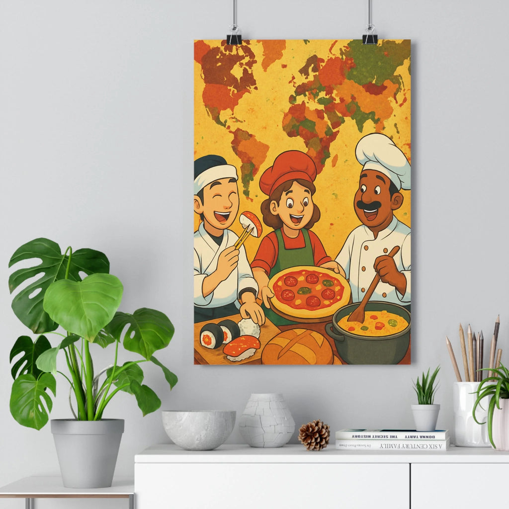 Poster décoratif vibrant cuisine coloré multiculturel joyeux festif moderne 30x46 chefs carte monde qualité