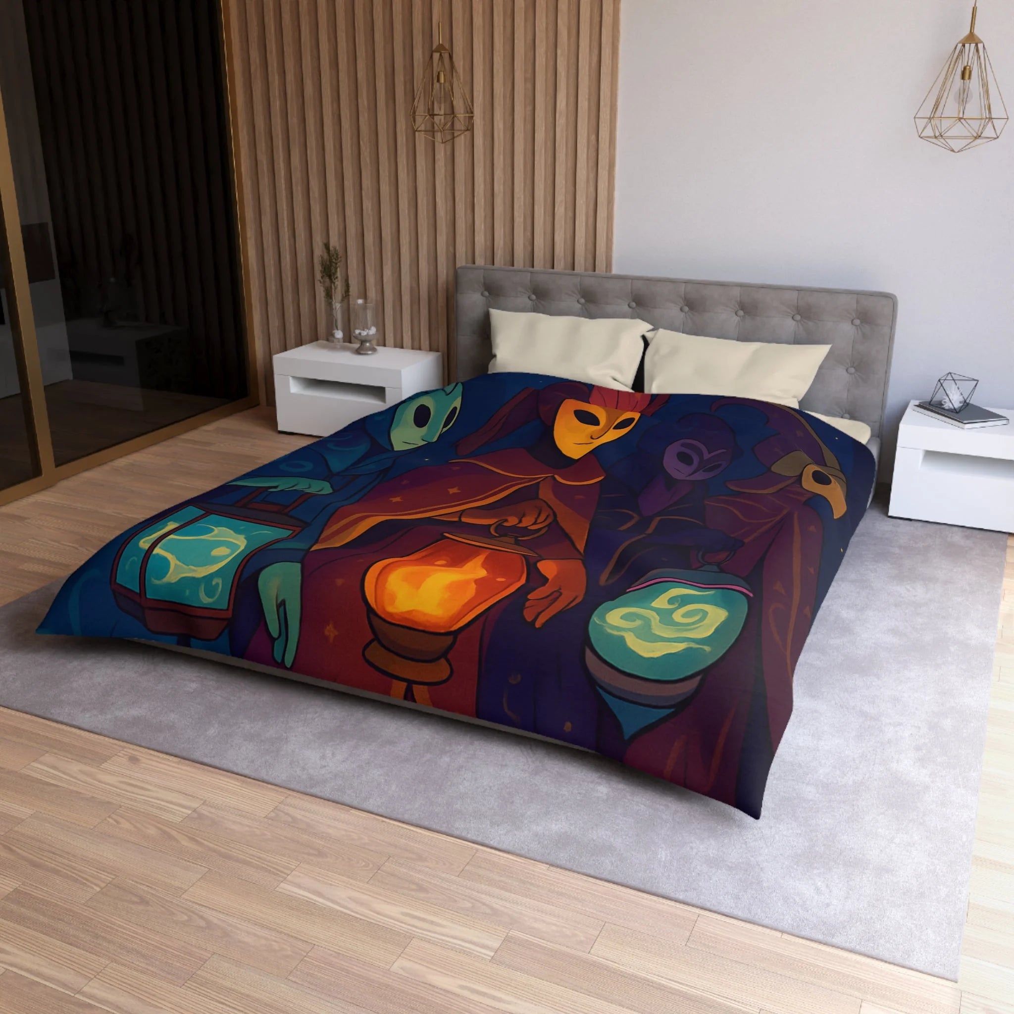 Housse de couette mystérieuse avec personnages masqués et lanternes en forêt étoilée