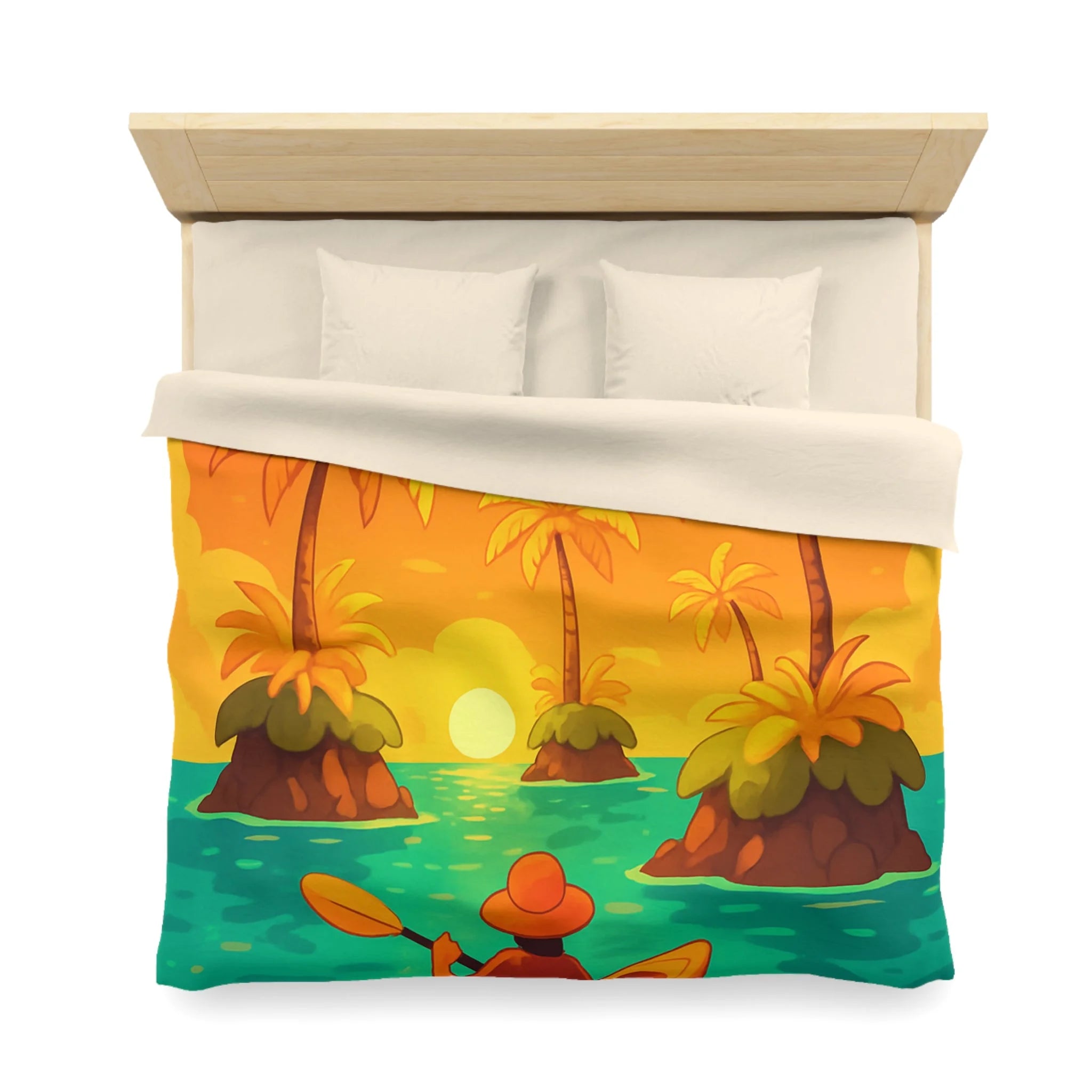 Housse de couette tropicale vibrante avec kayak, palmiers et perroquets au coucher de soleil