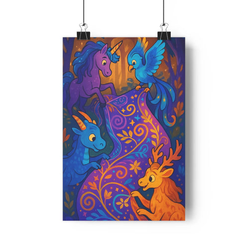 Poster fantastique licorne dragon cerf oiseau forêt dense feuilles vertes fleurs colorées violet bleu brun magique enchanté salon chambre