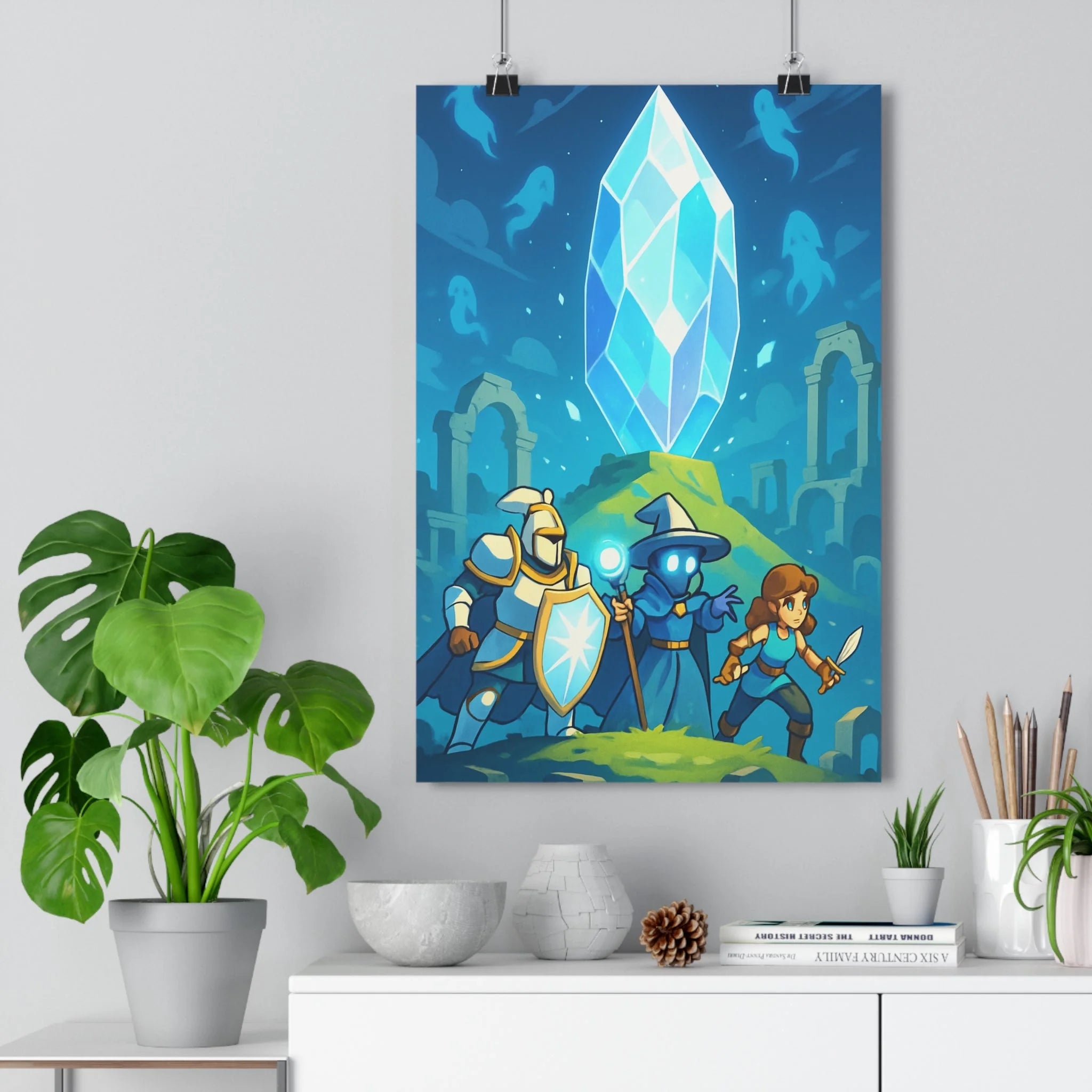 Poster décoratif anime épique bleu aventurier chevalier cristal lumineux mystique chambre salon ruines spectrales