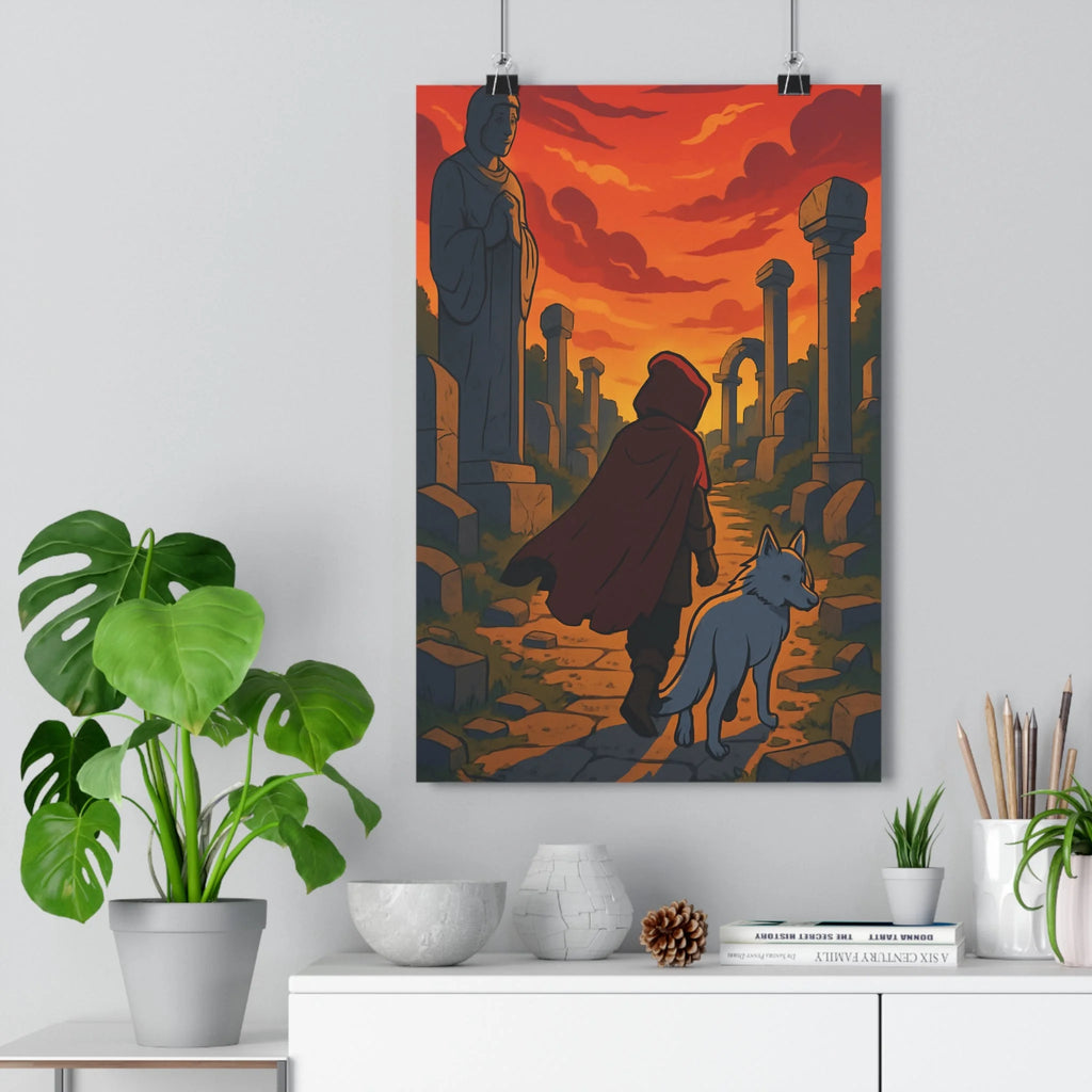 Poster décoratif mystique crépusculaire rouge orange aventure personnage loup ruines anciennes salon chambre bureau