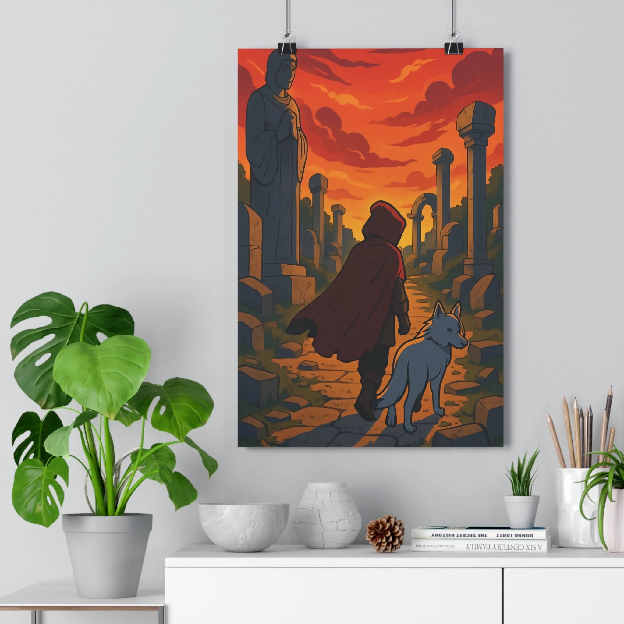 Poster décoratif mystique crépusculaire rouge orange aventure personnage loup ruines anciennes salon chambre bureau