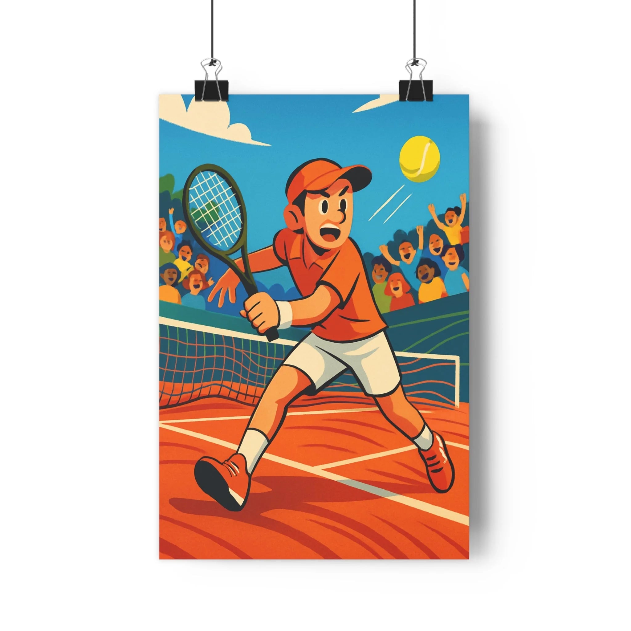 Poster décoratif tennis cartoon orange bleu joyeux dynamique chambre salon bureau sport animation spectateurs