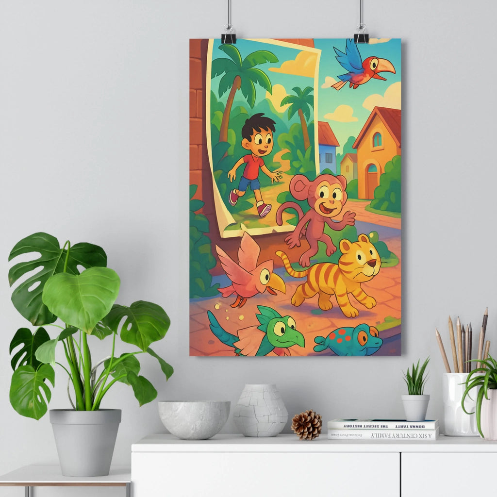 Poster décoratif anime vibrant coloré joyeux chambre enfant bleu vert jaune animaux cadre qualité