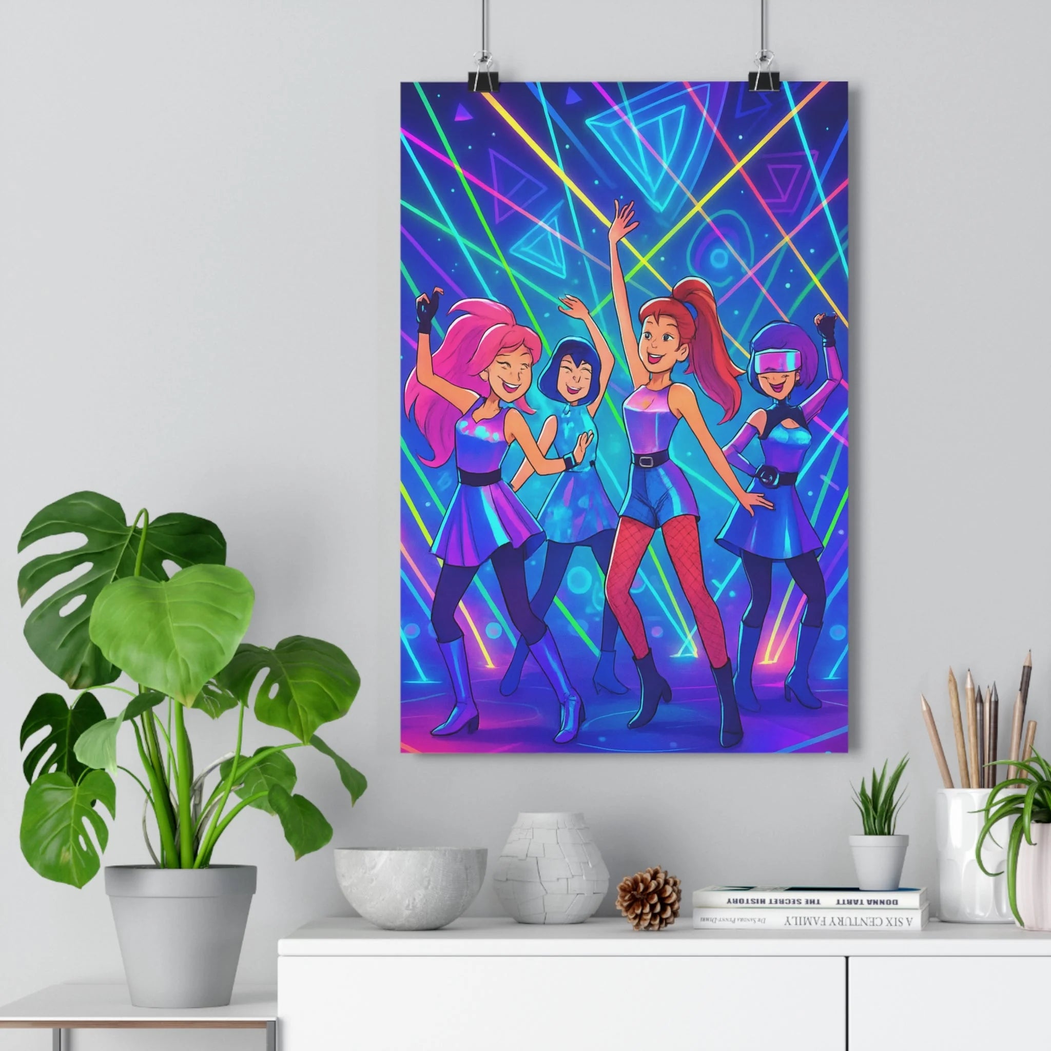 Poster décoratif animé lumineux joyeux danse bleu rose violet géométrique salon chambre 30x46 qualité