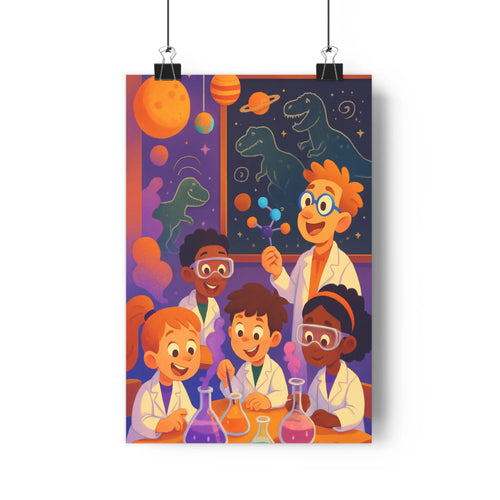 Poster enfants blouse blanche laboratoire planètes dinosaures molécules plante verte exploration scientifique joyeuse éducative colorée cartoon chambre bureau