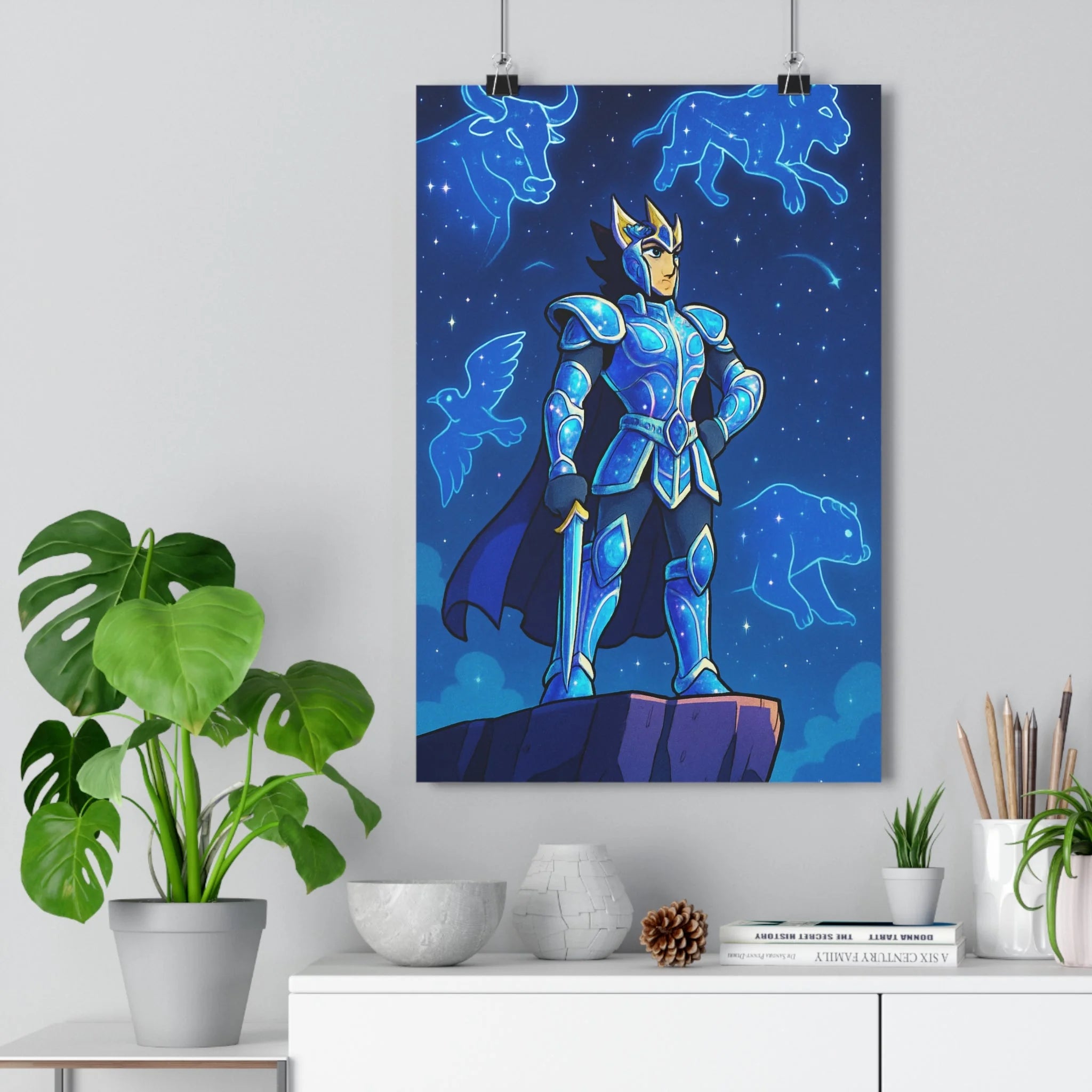 Poster décoratif mythologique bleu mystique guerrier céleste constellation salon chambre onirique 30x46 élégant qualité
