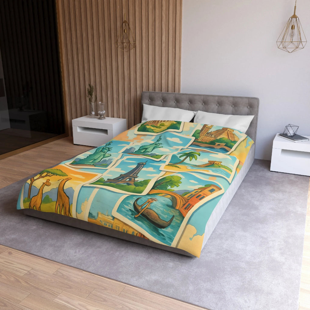Voyage Mondial Coloré: Housse de Couette avec Monuments et Paysages Iconiques des Continents