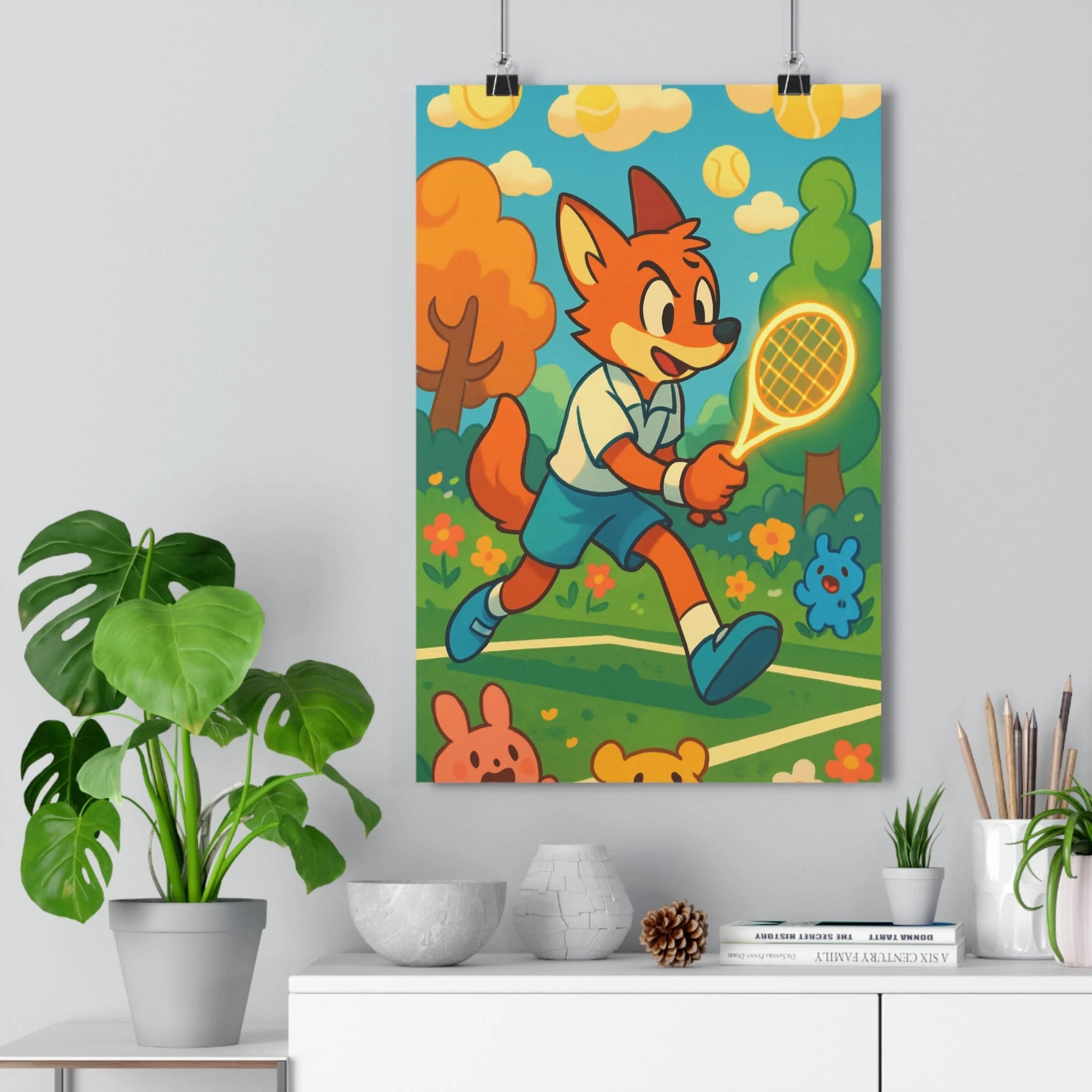 Poster décoratif renard animé tennis orange vert enfant chambre joyeux dynamique cartoon cadre couleurs