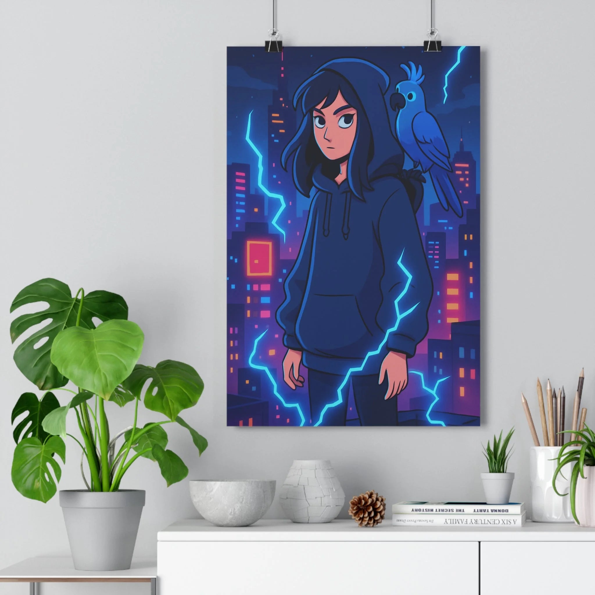 Poster décoratif cartoon bleu intense dramatique moderne chambre salon jeune femme éclair urbain créatif