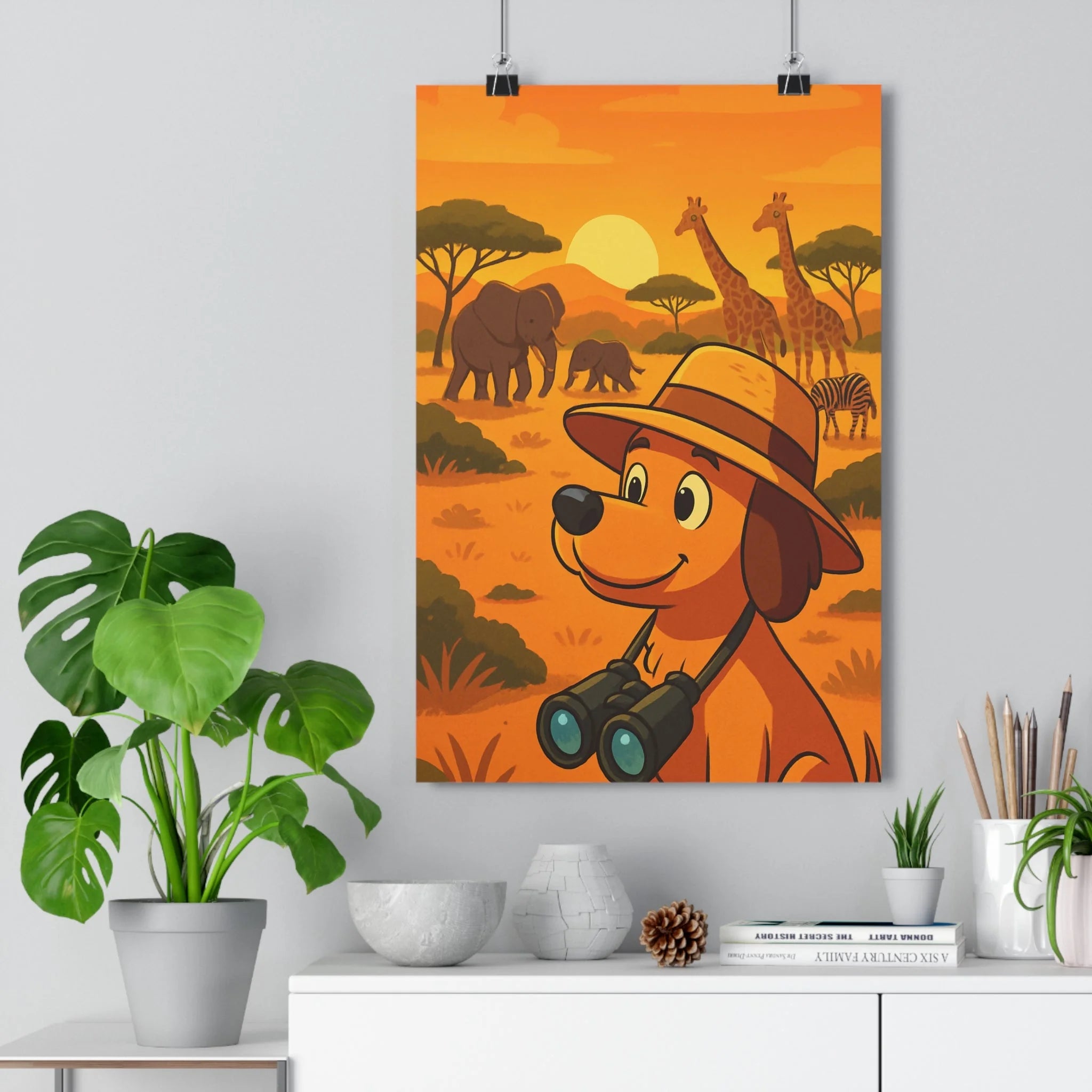 Poster décoratif chien explorateur cartoon orange jaune savane aventure chambre enfant 30x46 animaux safari