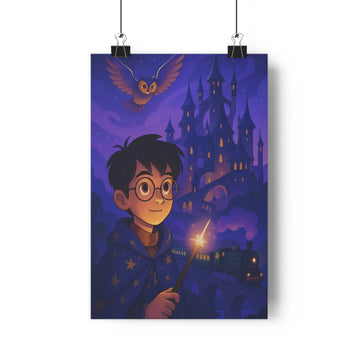 Poster sorcier étoiles château hibou nuit mystère pull bleu lunettes magie tour violet noir ambiance fantastique chambre salon mur