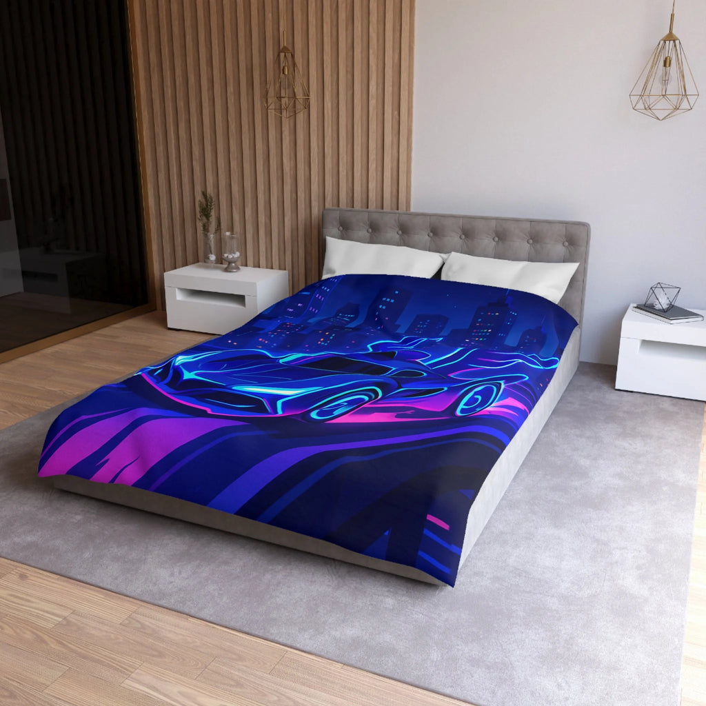 Housse de couette néon voiture futuriste volant dans une ville aux reflets lumineux