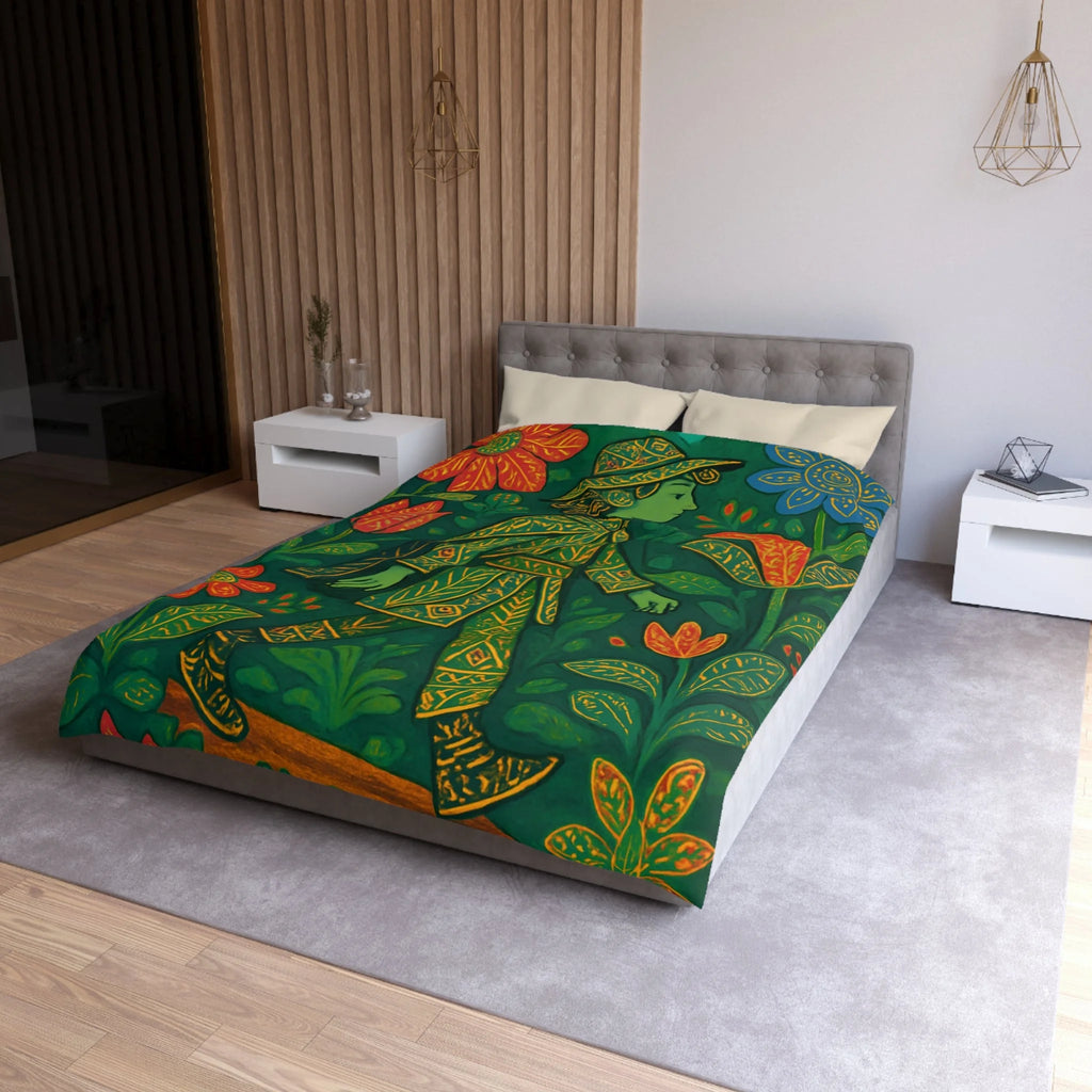 Housse de couette vibrante avec motif botanique et personnage en marche serein