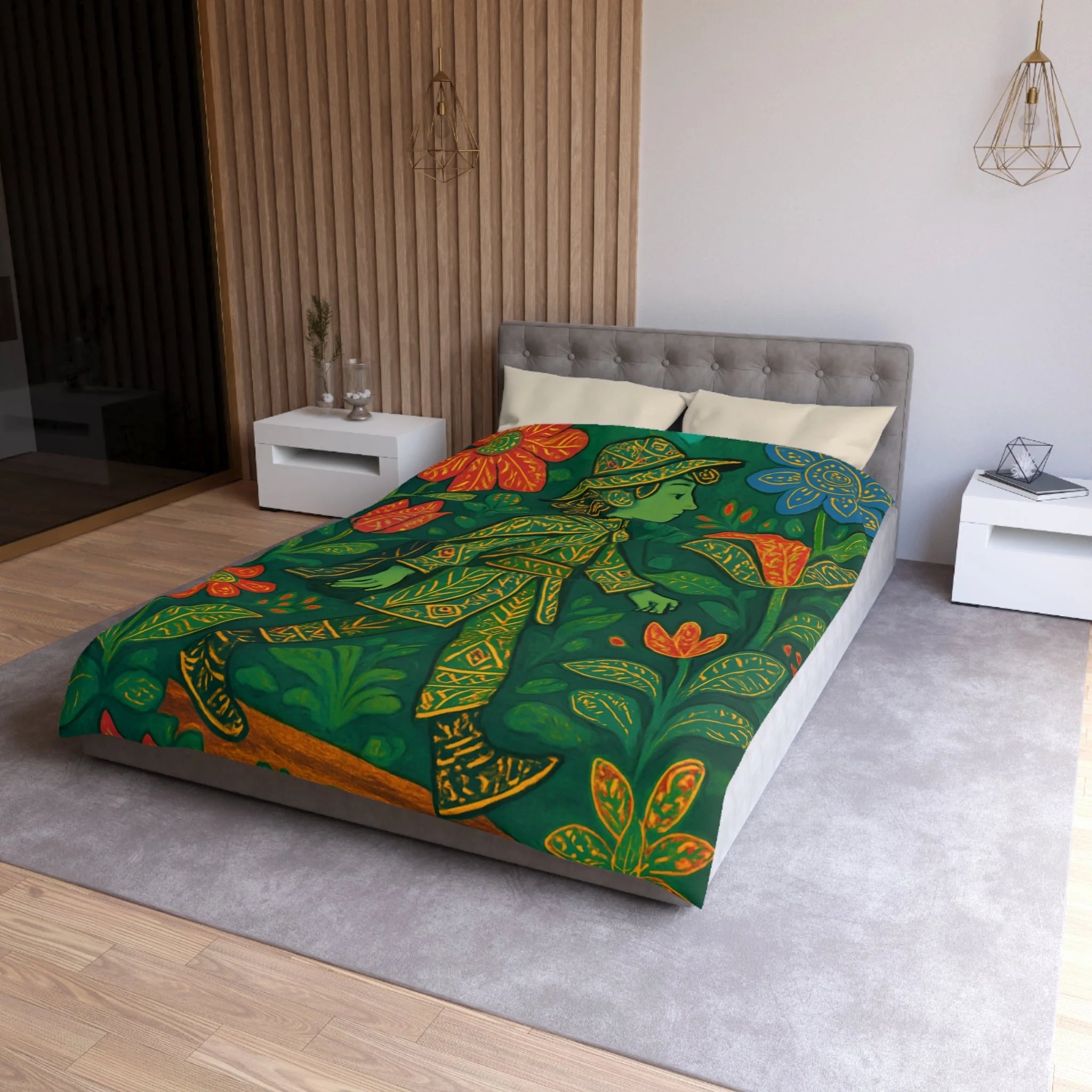 Housse de couette vibrante avec motif botanique et personnage en marche serein
