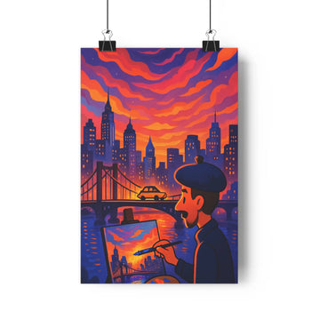 Poster artiste urbain moderne ciel coloré gratte-ciels pont eau végétation étagère livre plante verte ambiance dynamique contemporain salon bureau