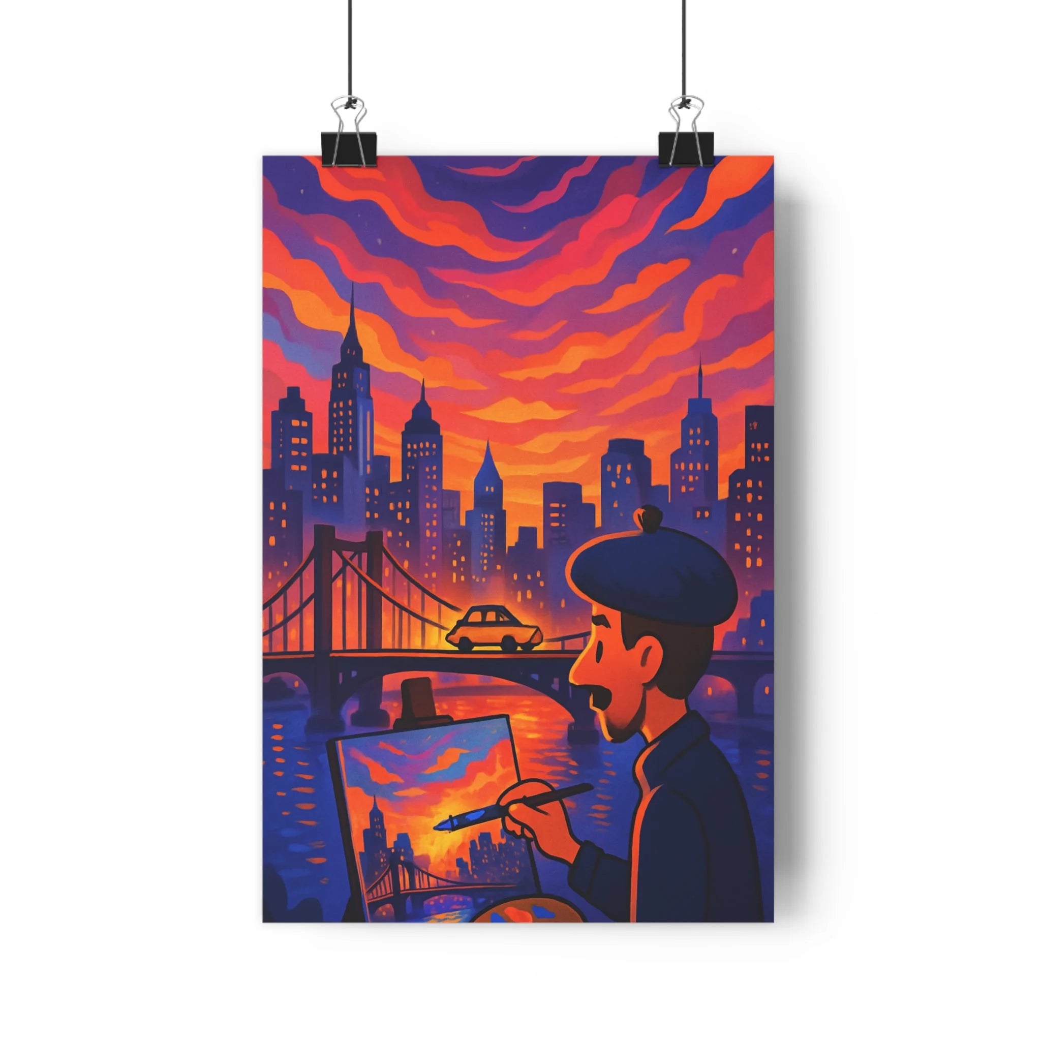 Poster décoratif moderne vibrant orange violet urbain rêveur salon bureau artistique 30x46 taxi paysage