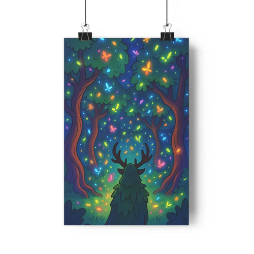 Poster forestière papillons magiques cerf nuit bleue verte contours élégants ambiance féerique chambre salon mur