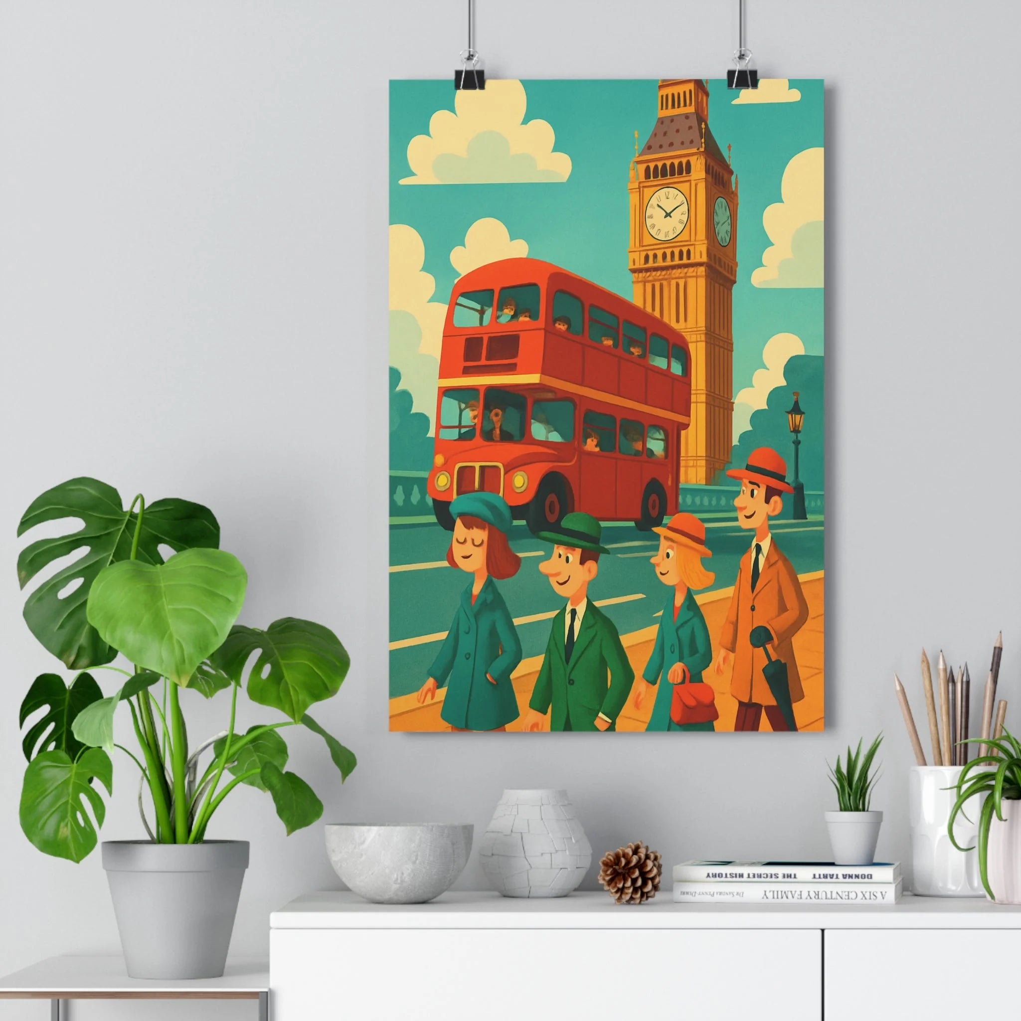 Poster décoratif cartoon joyeux rouge bleu Londres salon chambre bureau élégant vibrant 30x46 cm